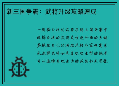 新三国争霸：武将升级攻略速成
